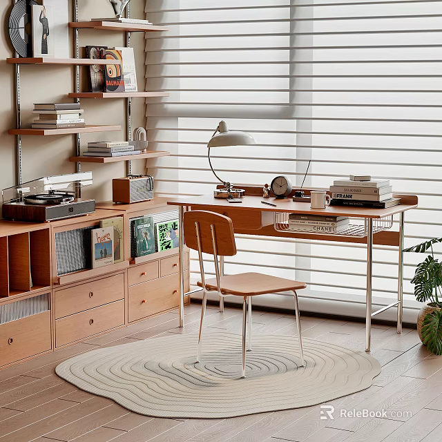 Minimalist Home Office Desk And Chair Set With Table Lamp Books And Window Blinds 3d model 