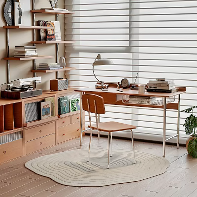 Minimalist Home Office Desk And Chair Set With Table Lamp Books And Window Blinds 3d model