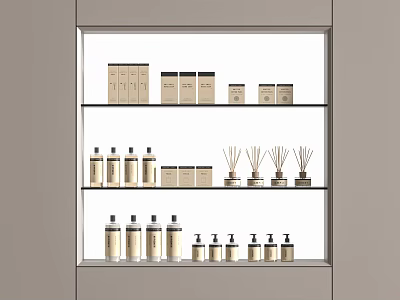 Stylish Perfume Cosmetics Display Shelf With Bottles Reed Diffusers And Minimalist Design 3d model