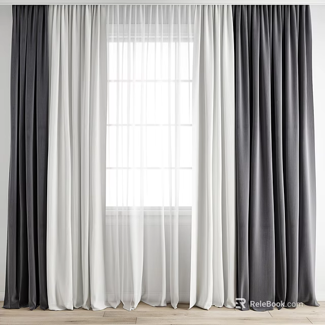 Gray And White Sheer Layered Curtains For Window In Home Interior Decor 3d model 
