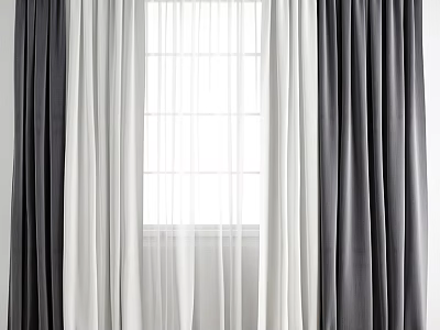 Gray And White Sheer Layered Curtains For Window In Home Interior Decor 3d model