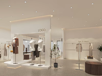 Modern Clothing Store Interior With White Decor Mannequins Clothing Racks Green Plants And Logo Sign 3d model