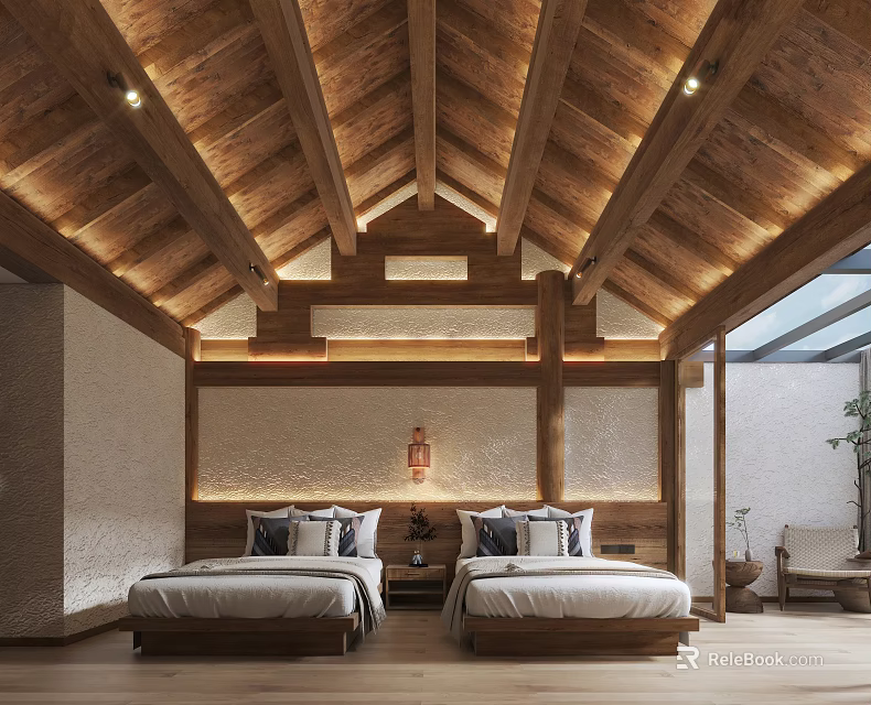 Minimalist Bedroom Interior With Wooden Ceiling Two Beds Natural Light And Light Walls 3d model 