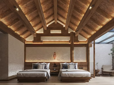 Minimalist Bedroom Interior With Wooden Ceiling Two Beds Natural Light And Light Walls 3d model
