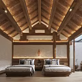 Minimalist Bedroom Interior With Wooden Ceiling Two Beds Natural Light And Light Walls