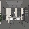 Modern Public Office Space with Open Layout Desk Computer Bookshelf Green Plant and Floor-to-Ceiling Window