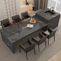 Modern Black Marble Dining Table Set with Leather Chairs and Kitchen Island 3d model