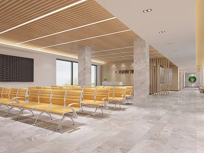 Hospital Outpatient Waiting Area With Yellow Chairs Marble Flooring Ceiling Lines And Reception Desk 3d model