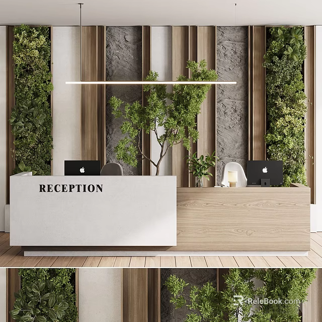 Modern Reception Background Wall with Green Plant Stone Texture Wooden Desk and Lighting 3d model 