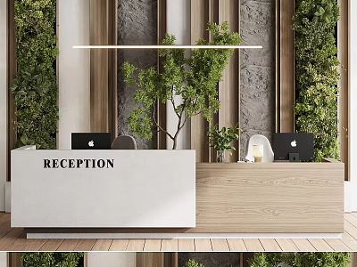 Modern Reception Background Wall with Green Plant Stone Texture Wooden Desk and Lighting 3d model