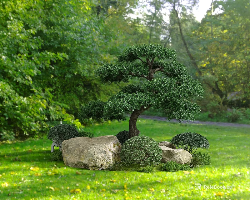 Lush Garden With Pruned Bonsai Tree Large Rocks Low Shrubs Green Grass And Yellow Leaves 3d model 