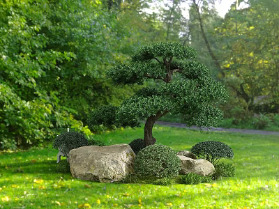 Lush Garden With Pruned Bonsai Tree Large Rocks Low Shrubs Green Grass And Yellow Leaves 3d model