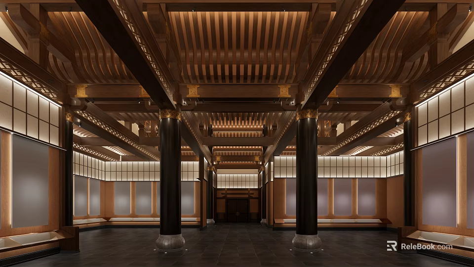 Traditional Chinese Architectural Hall Interior With Wooden Ceiling And Columns 3d model 
