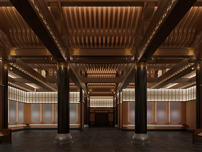 Traditional Chinese Architectural Hall Interior With Wooden Ceiling And Columns 3d model