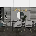 Modern Dining Table Set With Chairs Pendant Lights And Round Mirror In Interior 3d model