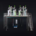 Industrial Equipment With Multiple Stainless Steel Tanks Green Pipelines Platform Structure And Staircase Access