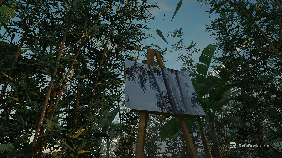 Bamboo Forest Scene With Easel Painting And Falling Leaves Under Sky 3d model 
