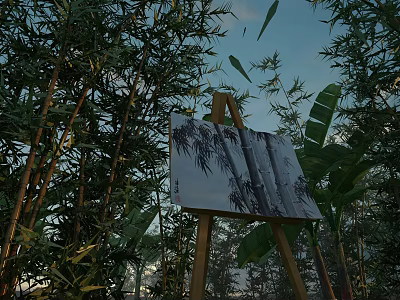 Bamboo Forest Scene With Easel Painting And Falling Leaves Under Sky 3d model