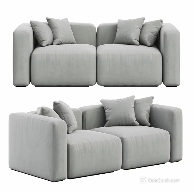 Modern Gray Two Seater Sofa With Soft Fabric Upholstery And Decorative Pillows 3d model 