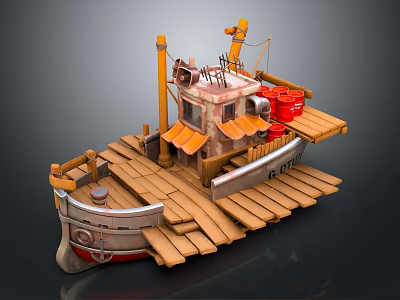 Wooden Boat With Wooden Deck Small Cabin Orange Awning And Red Containers 3d model