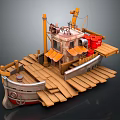 Wooden Boat With Wooden Deck Small Cabin Orange Awning And Red Containers