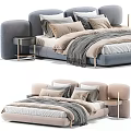Modern Double Bed With Upholstered Headboard Pillows Throw Blanket And Side Nightstand 3d model