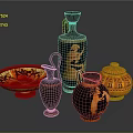 Ancient Greek Pottery Collection With Black Red Figural Designs And Vases Bowls Jars
