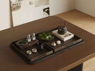 Tea Set on Wooden Table with Decorative Tray including Teapot Cups Books and Statues 3d model