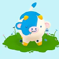 Cartoon Cow Plush Toy With Blue White Body Yellow Accents On Green Grass With Flowers
