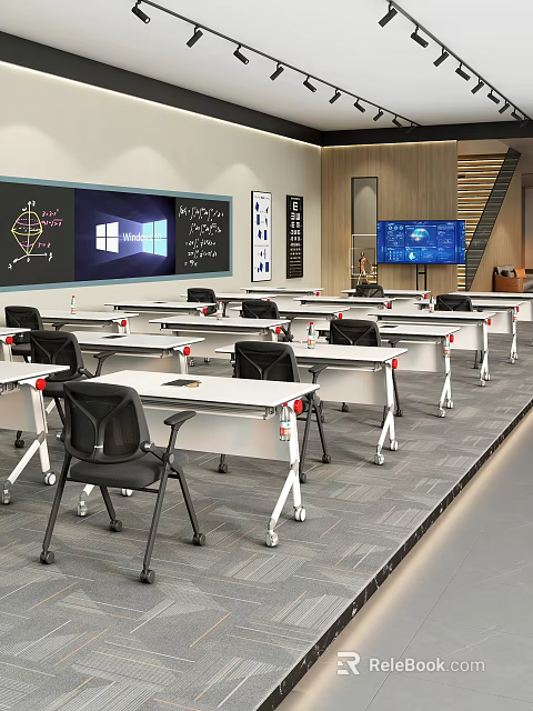 Modern Conference Room Interior With Mobile White Tables Black Mesh Chairs And Large Screen 3d model 