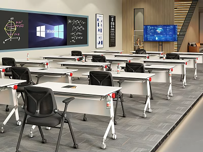 Modern Conference Room Interior With Mobile White Tables Black Mesh Chairs And Large Screen 3d model