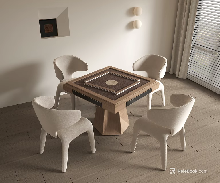 Wooden Square Entertainment Table With Decorative Center And Chairs In Room With Window Blinds 3d model 