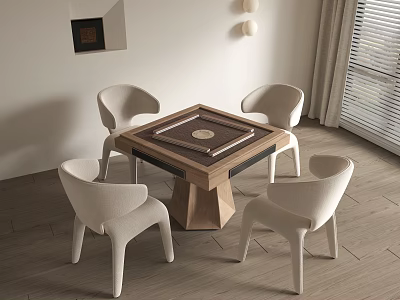Wooden Square Entertainment Table With Decorative Center And Chairs In Room With Window Blinds 3d model