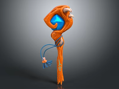 Orange Enchanted Staff With Blue Gemstone Claw Design Textured Shaft Blue Cord And Tassel 3d model