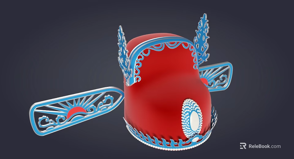 Traditional Red Hat With Blue Wing Shaped Decorations White Accents And Intricate Patterns 3d model 