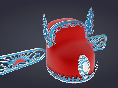 Traditional Red Hat With Blue Wing Shaped Decorations White Accents And Intricate Patterns 3d model