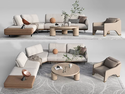 Modern Sectional Sofa and Coffee Table Set With Throw Pillows Green Plant and Area Rug 3d model