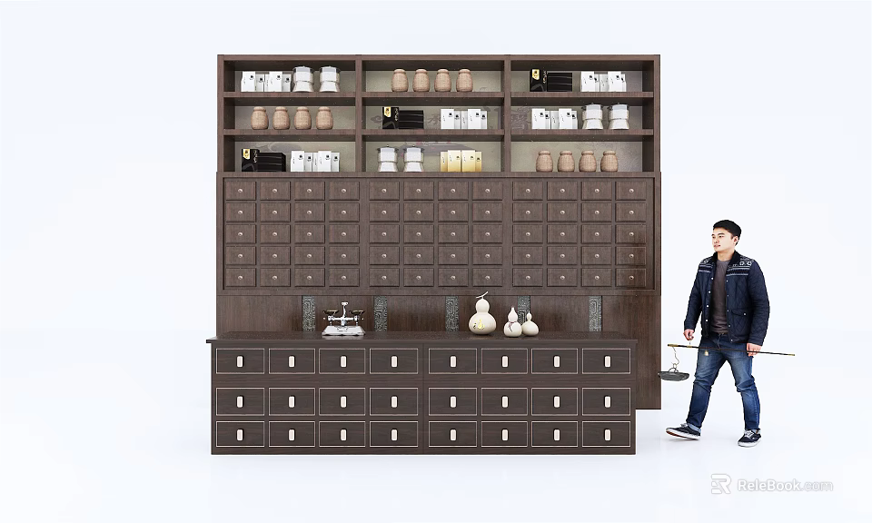 Dark Brown Display Shelf With Multiple Drawers Upper Shelves Containers And Person 3d model