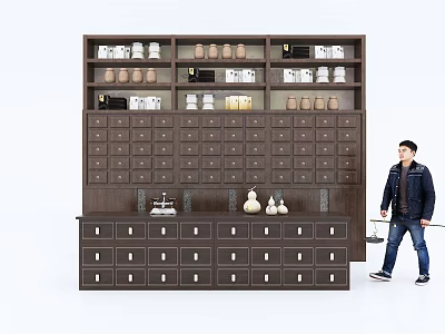 Dark Brown Display Shelf With Multiple Drawers Upper Shelves Containers And Person 3d model