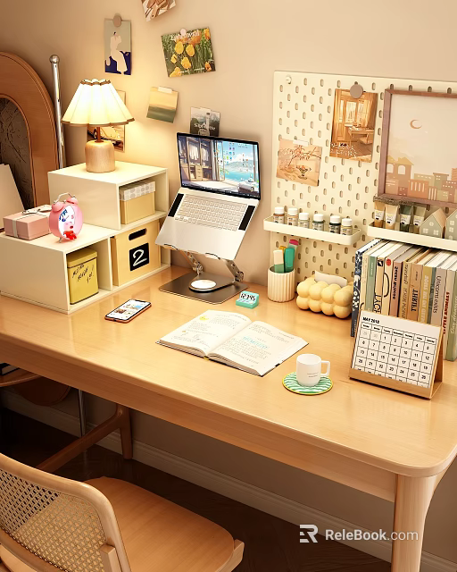 Desk Workspace Decorative Ornament Set With Laptop Books Table Lamp Calendar And Storage Boxes 3d model 