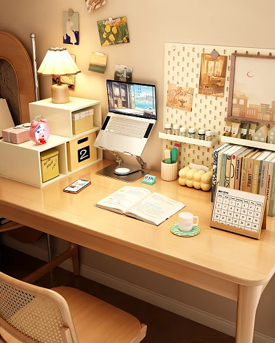 Desk Workspace Decorative Ornament Set With Laptop Books Table Lamp Calendar And Storage Boxes 3d model
