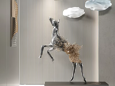 Metal Horse Sculpture In Leaping Pose Silver And Gold Modern Interior Striped Wall Cloud Decor 3d model