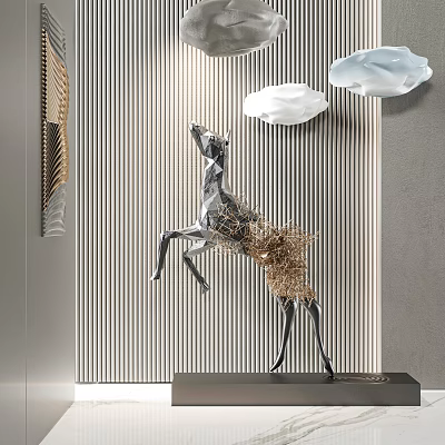 Metal Horse Sculpture In Leaping Pose Silver And Gold Modern Interior Striped Wall Cloud Decor 3d model