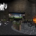 Outdoor Bar With Stone Wall Sports Projection Screen Fire Pit Green Plants And Seating Area