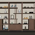 Traditional Wooden Chinese Display Shelf With Multiple Shelves Vases Teapots And Decorative Items