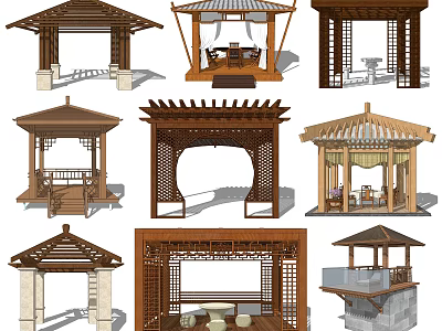 Various Chinese Traditional Wooden Pavilions And Pergolas With Carved Roof Structures 3d model