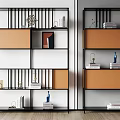 Modern Stylish Shelving Units with Black Frames Orange Panels White Shelves Decorative Books Vases
