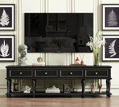 Elegant Black TV Stand With Gold Handles Statue Books White Flower Vase And Fern Artworks 3d model