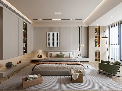 Modern Bedroom Interior Design With Large Bed Nightstands Decorative Painting And Green Chair 3d model