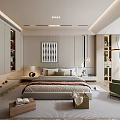 Modern Bedroom Interior Design With Large Bed Nightstands Decorative Painting And Green Chair